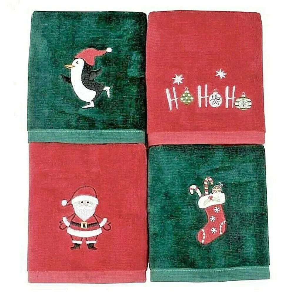 Christmas Fingertip Towels Set of 4 Embroidered Santa Stocking Penguin HoHoHo